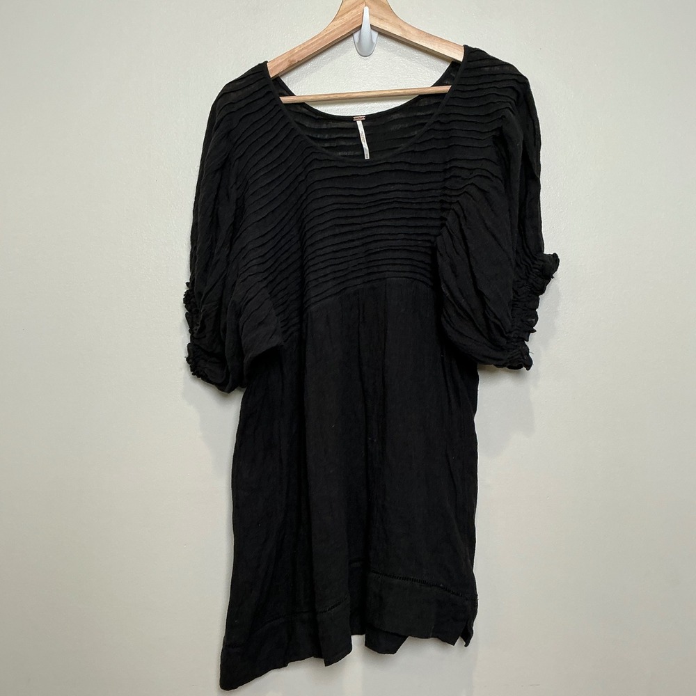 Free People Elsie Tunic Top M Black Pintuck Plt Puff Sleeve Gauze Boho Romantic - Picture 3 of 8